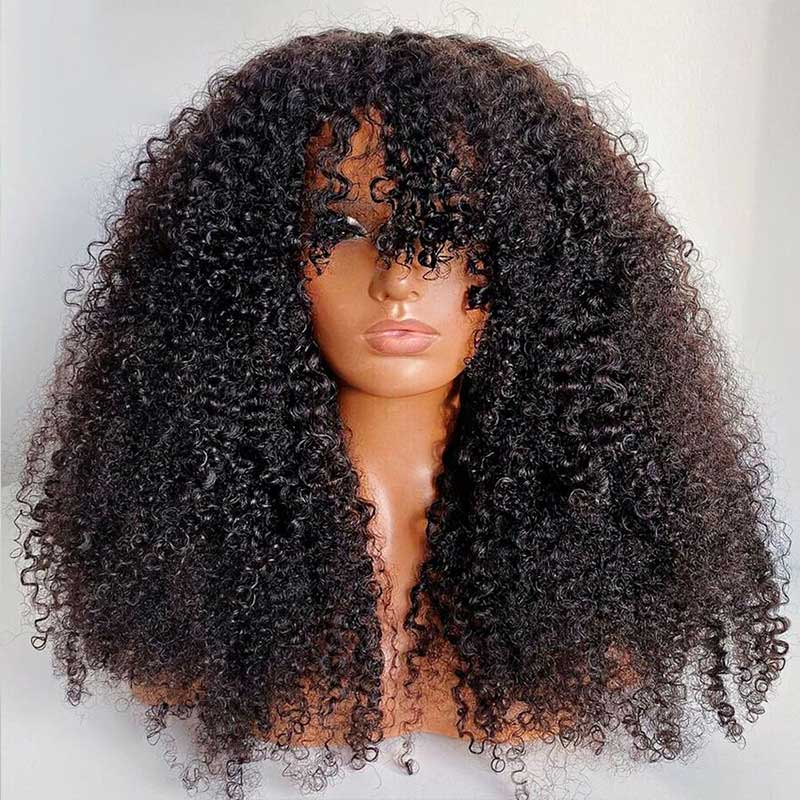 Perismoda Kinky Curly Wig With Bangs Brazilian Remy Human Hair Glueless Wig
