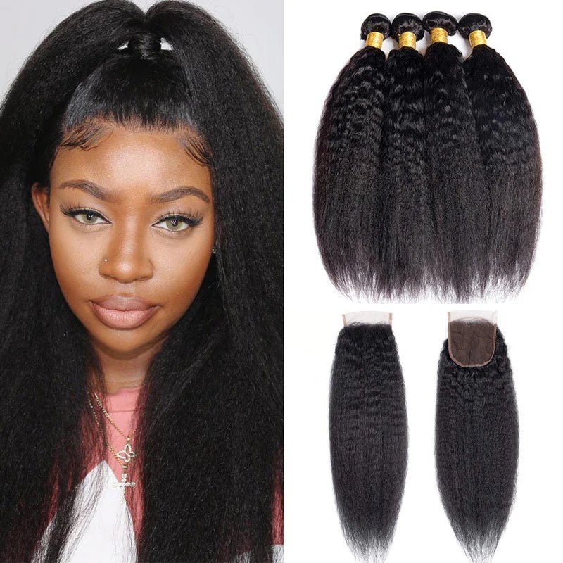 Kinky Straight Hair 4 Bundles With 4x4 Lace Closure Human Hair - Perismoda Hair