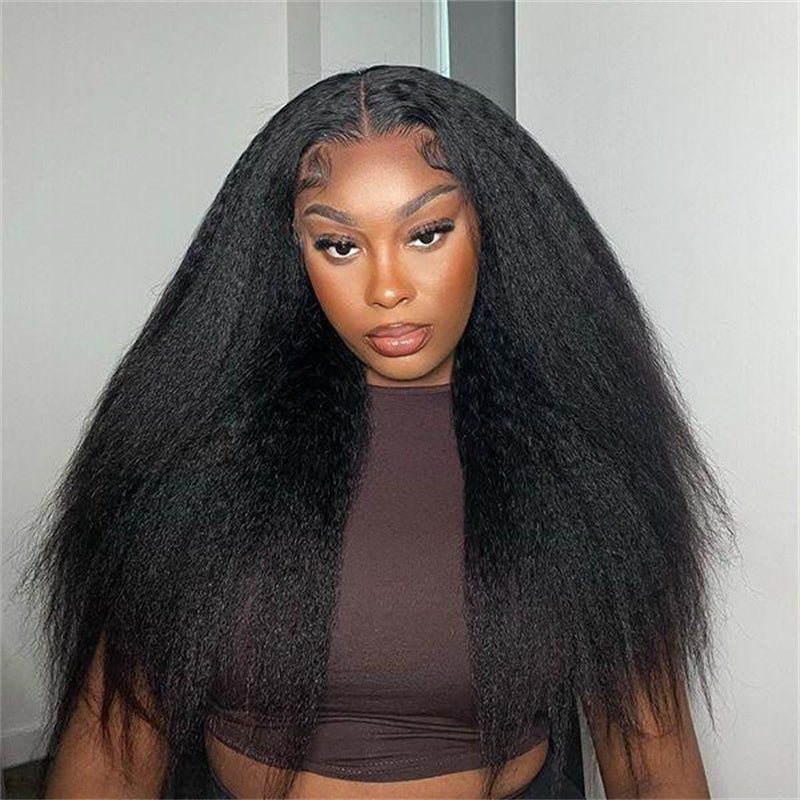 Kinky Straight Transparent Lace Front Wig 6x6 Lace Closure Wigs Human Hair for Black Women 180% Density - Perismoda Hair