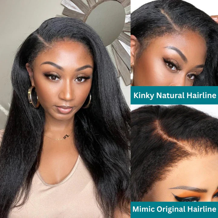 Perismoda Glueless Hairline Kinky Straight Invisi Strap Flexible Fit 360 Lace Front Glueless Wig With Bleached Knots
