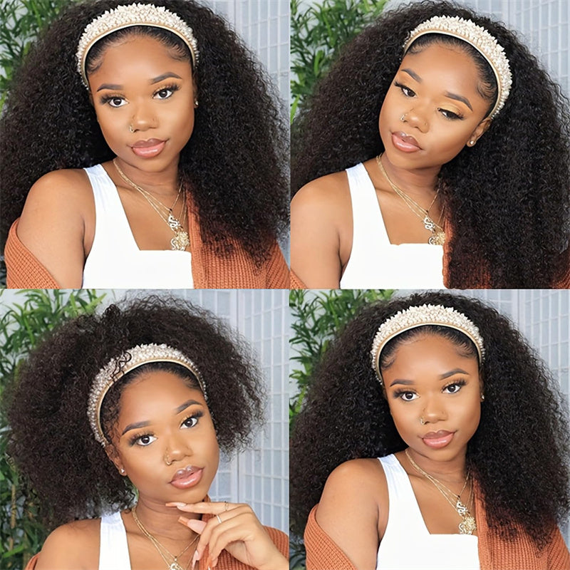 Leomoda Kinky Curly Headband Wig Non Lace Glueless Human Hair Wig Natural Color 150%