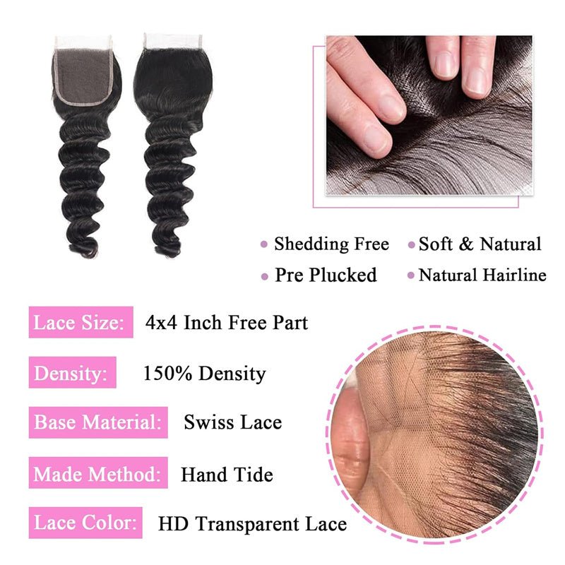 Loose Deep Wave Bundles Brazilian Hair 3 Bundles with 4x4 Lace Closure - Perismoda Hair