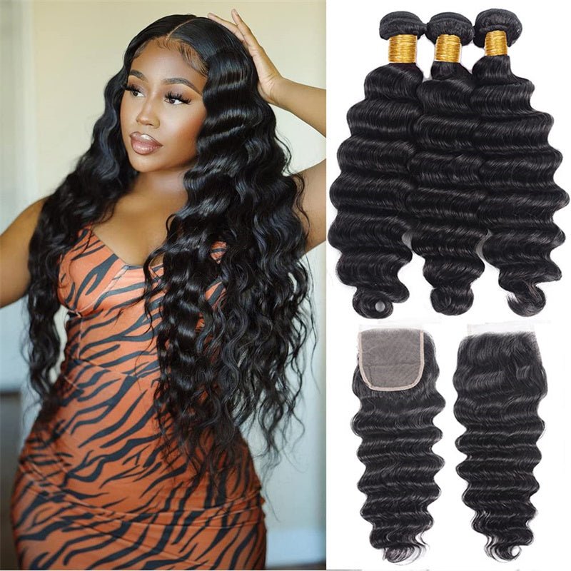 Loose Deep Wave Bundles Brazilian Hair 3 Bundles with 4x4 Lace Closure - Perismoda Hair