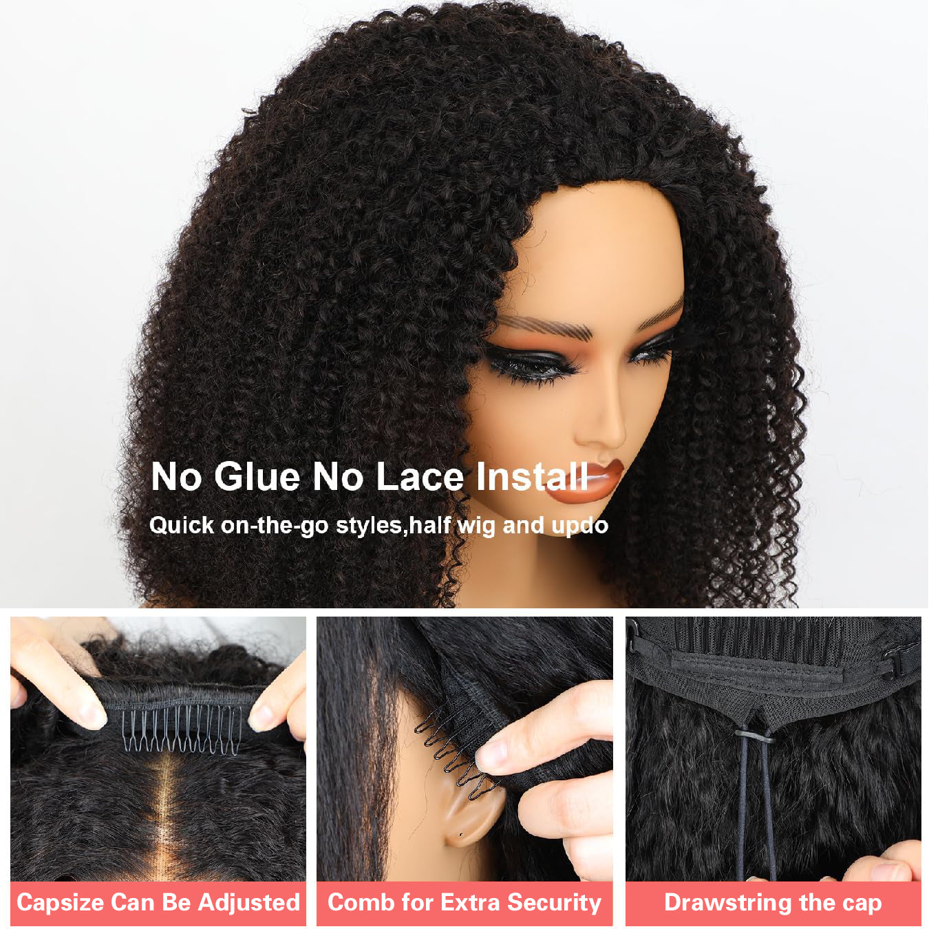 Perismoda 3 In 1 Half Wig Afro Kinky Curl Wear & Go Drawsting Wig No Glue Need Flip Over Half Clip In Wig
