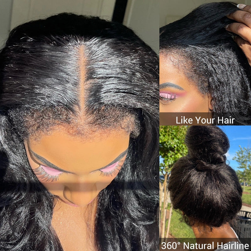 Perismoda Glueless Hairline Kinky Straight Invisi Strap Flexible Fit 360 Lace Front Glueless Wig With Bleached Knots