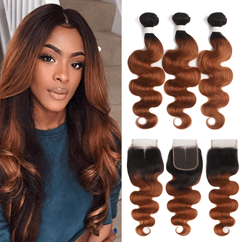 Ombre 1B/30 Body Wave 3 Bundles With Closure 4x4 pre Colored 100% Virgin Human Hair - Perismoda Hair