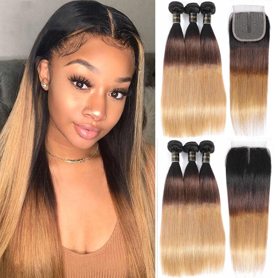 Ombre 1b/4/27 Straight 3 Bundles with 4X4 lace Closure 100% Real Human Hair - Perismoda Hair