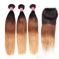 Ombre 1b/4/27 Straight 3 Bundles with 4X4 lace Closure 100% Real Human Hair - Perismoda Hair
