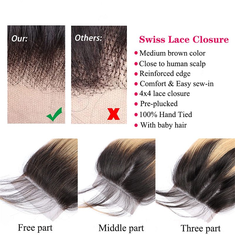 Ombre Closure Pre Plucked 4x4 Closure 1b/27 Body Wave 100% Virgin Human Hair - Perismoda Hair