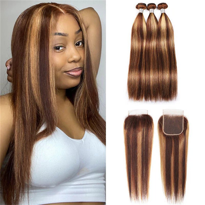 Ombre Highlights Straight Hair 3 Bundles With 4*4 Lace Closure Honey Blonde Human Hair - Perismoda Hair