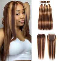 Ombre Highlights Straight Hair 3 Bundles With 4*4 Lace Closure Honey Blonde Human Hair - Perismoda Hair