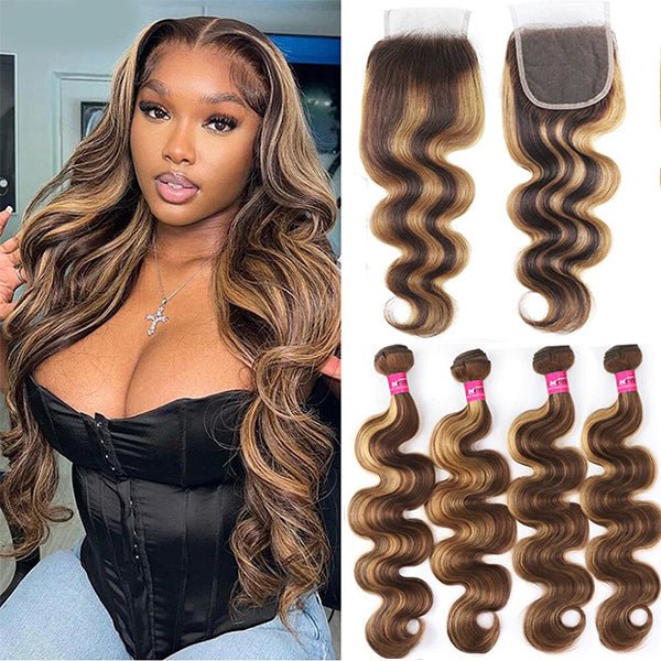 P4/27 Highlight Body Wave 4 Bundles With 4x4 Lace Closure 100% Human Hair - Perismoda Hair