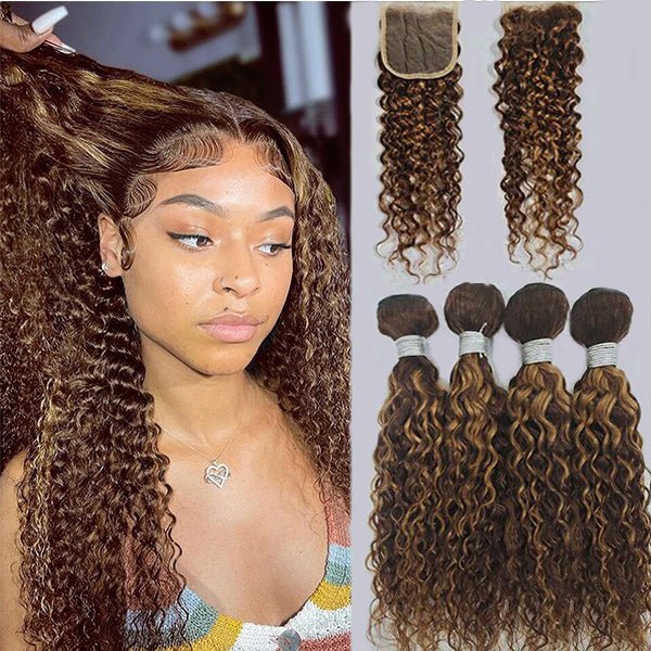P4/30 Highlight Water Wave 4 Bundles With 4X4 Lace Closure Virgin Human Hair - Perismoda Hair