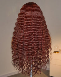 Perismoda #33 Reddish Brown Water Wave 13x4 Lace Front Wig Dark Auburn Colored Human Hair Wig