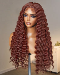 Perismoda #33 Reddish Brown Water Wave 13x4 Lace Front Wig Dark Auburn Colored Human Hair Wig