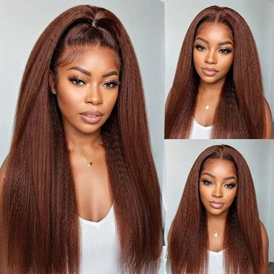 Perismoda Reddish Brown Kinky Straight 7x5 Invisible Knot Glueless Virgin Human Hair Wig