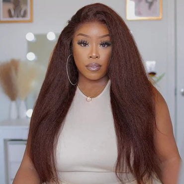 Perismoda Reddish Brown Kinky Straight 7x5 Invisible Knot Glueless Virgin Human Hair Wig