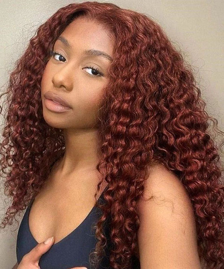 Perismoda #33 Reddish Brown Water Wave 13x4 Lace Front Wig Dark Auburn Colored Human Hair Wig
