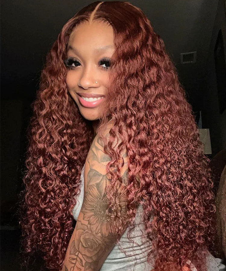 Perismoda #33 Reddish Brown Water Wave 13x4 Lace Front Wig Dark Auburn Colored Human Hair Wig