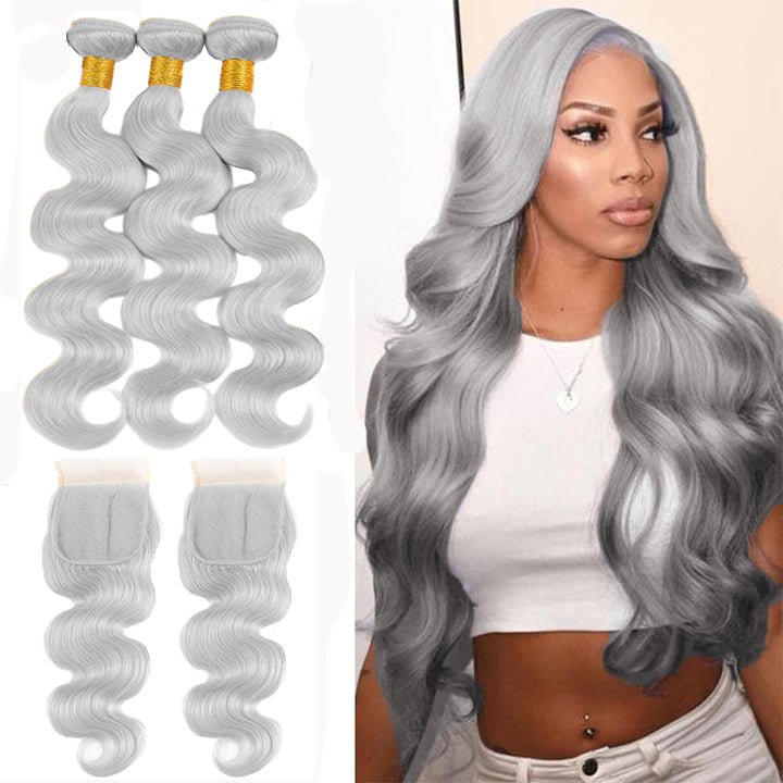 Silver Grey Body Wave 3 Bundles With 4x4 Lace Closure Remy Brazilian Human Hair - Perismoda Hair