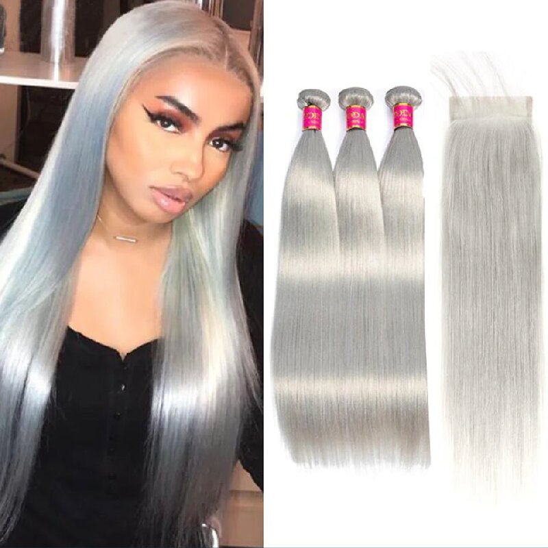 Silver Grey Straight 3 Bundles With 4x4 Closure 100% Remy Human Hair - Perismoda Hair