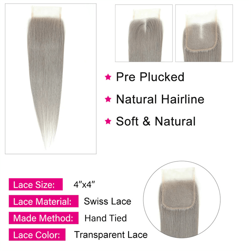 Silver Grey Straight 3 Bundles With 4x4 Closure 100% Remy Human Hair - Perismoda Hair