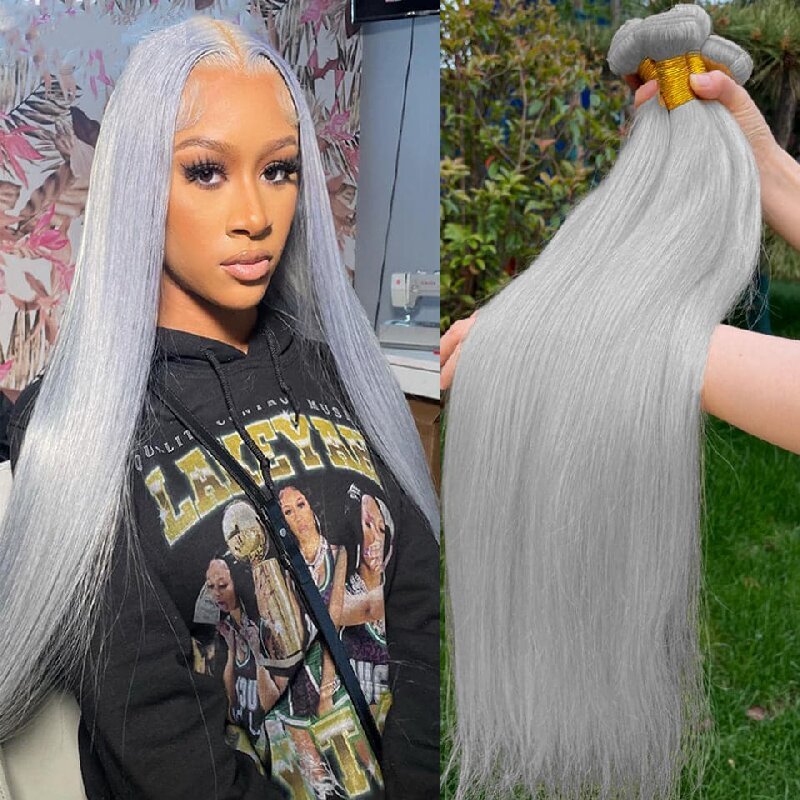 Silver Grey Straight 3 Bundles With 4x4 Closure 100% Remy Human Hair - Perismoda Hair