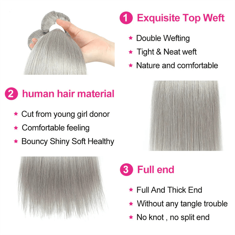 Silver Grey Straight 3 Bundles With 4x4 Closure 100% Remy Human Hair - Perismoda Hair