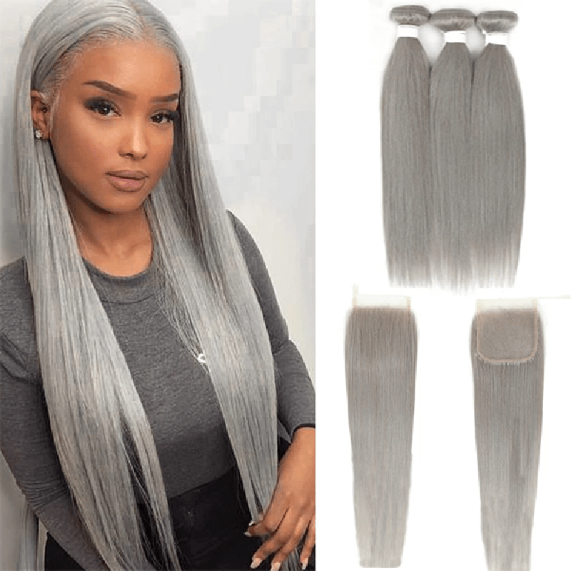 Silver Grey Straight 3 Bundles With 4x4 Closure 100% Remy Human Hair - Perismoda Hair