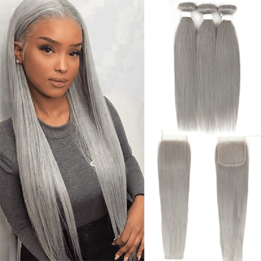Silver Grey Straight 3 Bundles With 4x4 Closure 100% Remy Human Hair - Perismoda Hair