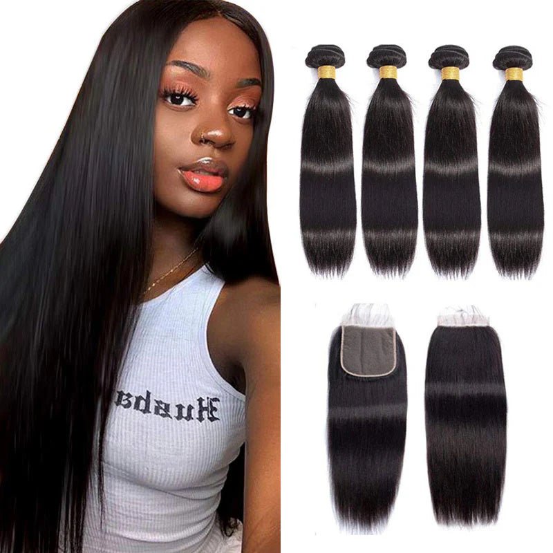 Straight Hair 4 Bundles with 4x4 Lace Closure 100% Human Hair - Perismoda Hair