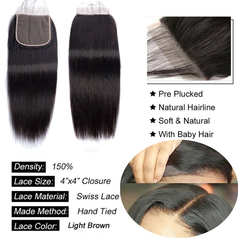 Straight Hair 4 Bundles with 4x4 Lace Closure 100% Human Hair - Perismoda Hair