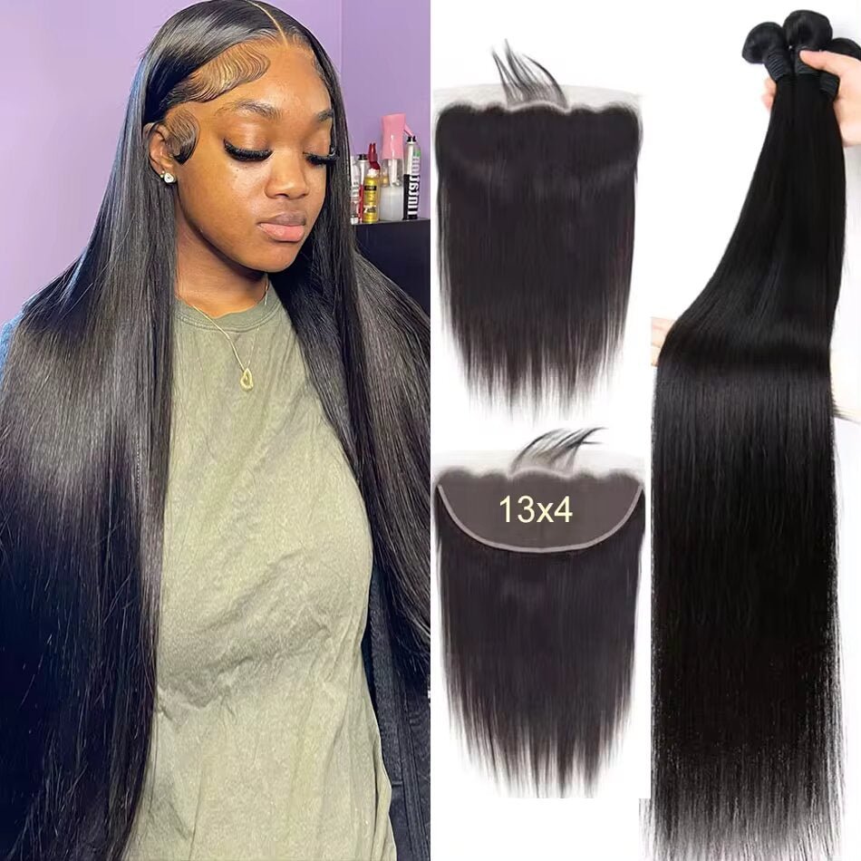 Straight Human Hair Bundles With Frontal Transparent 13x4 Lace Closure 12A Grade Hair - Perismoda Hair