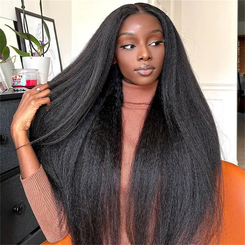 Kinky Straight Transparent Lace Front Wig 6x6 Lace Closure Wigs Human Hair for Black Women 180% Density - Perismoda Hair